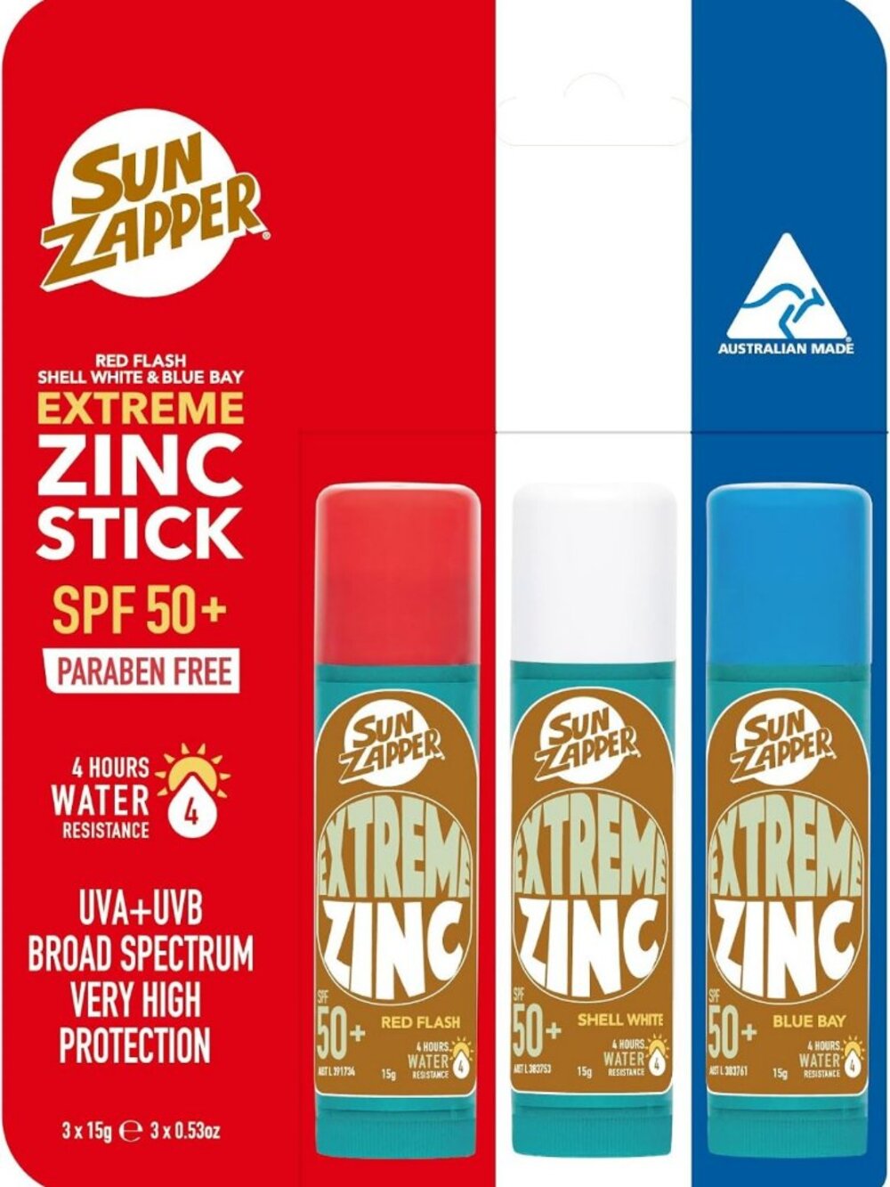Sun Zapper Extreme Zinc Stick SPF 50+ Red White Blue 3-Pack